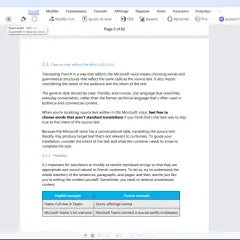 Un ebook ouvert dans un logiciel PDF, affichant des conseils de traduction pour le "Microsoft voice".