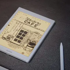 Une liseuse BOOX affiche un dessin de café, parfait pour lire vos nextory sur liseuse.