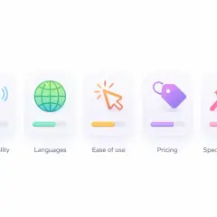 Icônes représentant les caractéristiques d'une application qui lit les livres : qualité vocale, langues, facilité d'utilisation, prix et fonctionnalités spéciales.