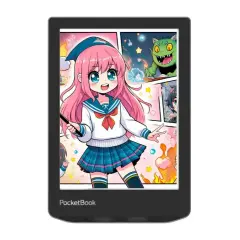 Liseuse PocketBook affichant une illustration manga d'une jeune fille aux cheveux roses et d'un monstre vert.