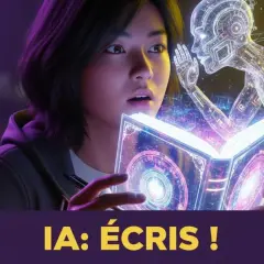 Une jeune femme découvre un livre lumineux, guidée par une IA. Ce logiciel d'écriture de livre transforme l'imagination en réalité.