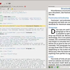 Interface de Calibre pour éditer un EPUB, montrant le code HTML et un aperçu du texte avec des éléments structurels comme les notes de bas de page et les dropcaps.