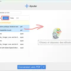 Interface d'Epubor Ultimate, onglet Adobe sélectionné, montrant des livres et une invitation à glisser-déposer, suggérant la gestion des livres avec Adobe DRM.