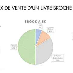 Comparaison des coûts d'un livre broché à 20€ et d'un ebook à 5€. Le prix ebook est bien plus bas, notamment grâce à l'absence de frais d'impression et de librairie.