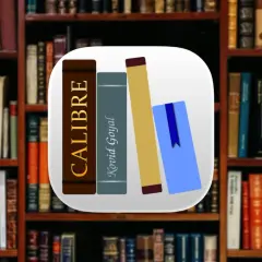 Icône Calibre Kobo : quatre livres stylisés, dont un avec "Kovid Goyal" écrit dessus, sur fond de bibliothèque.