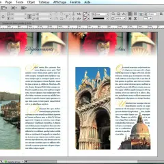 Une page de mise en page InDesign présente des images de Venise et des textes, avec des masques de carnaval.