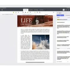 Lecture d'un epub sur iPhone, avec des articles sur la vie sur Mars et les fusées SpaceX.