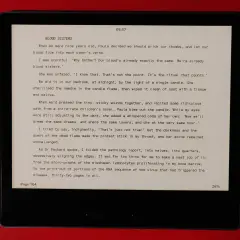 Extrait d'un livre lu sur une liseuse, le texte "Blood Sisters" est affiché en police Atkinson Hyperlegible.