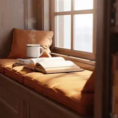 Un coin lecture douillet avec un livre intrigue ouvert, une tasse fumante et des étagères remplies de livres.
