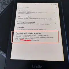 Adresse e-mail pour ajouter livre Kindle. Permet d'envoyer des documents à votre appareil.