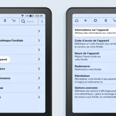 Paramètres d'une liseuse Kindle : options de l'appareil, code d'accès, heure, redémarrage, réinitialisation et options avancées.
