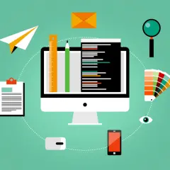 Un ordinateur affiche du code, entouré d'outils de création : règle, crayon, palette de couleurs, loupe, téléphone, et un avion en papier pour envoyer vos projets. Idéal pour ouvrir epub.