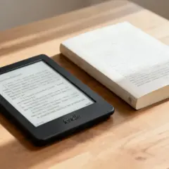 Une liseuse Kindle et un livre papier reposent sur une table en bois. Le choix entre le numérique et le papier pour une bonne lecture.