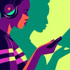 Une femme écoute le meilleur livre audio Spotify avec des écouteurs, son ombre lit un livre.