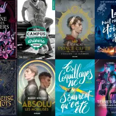 Affiche de livres de littérature young adult : "La Reine des Enfers", "Campus Drivers", "Prince Captif", "La nuit où les étoiles se sont éteintes", "La Passeuse de mots", "Absolu", "Les Coquillages ne s'ouvrent qu'en été", "Terres Sauvages".