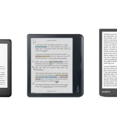Trois liseuses affichant des livres numériques, dont une Kindle et une Kobo. Ces appareils sont parfaits pour lire des livres dans tous les formats.