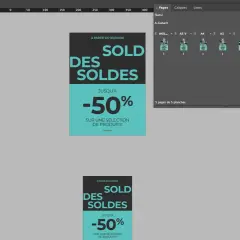 Interface InDesign affichant des planches pour un saut de page, avec des bannières promotionnelles "Soldes -50%".