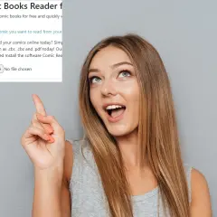 Une jeune femme pointe vers une fenêtre de téléchargement de fichiers pour lire des bandes dessinées en format cbr.