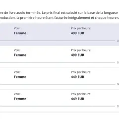 Sélectionnez une voix pour votre livre audio. Julie, Melissa, Catherine et Charlotte proposent des voix féminines à partir de 449 EUR. Profitez d'un livre audio gratuit !