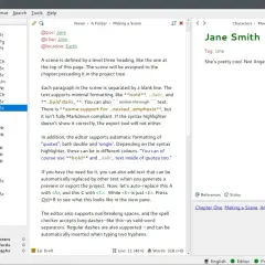 Interface de logiciel d'écriture pour roman, avec une arborescence de projet à gauche et un éditeur de texte à droite. Idéal pour écrire votre prochain roman, ce logiciel est comme un scrivener gratuit.