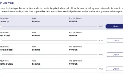 Sélectionnez une voix pour votre livre audio. Julie, Melissa, Catherine et Charlotte proposent des voix féminines à partir de 449 EUR. Profitez d'un livre audio gratuit !