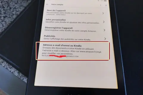 Adresse e-mail pour ajouter livre Kindle. Permet d'envoyer des documents à votre appareil.
