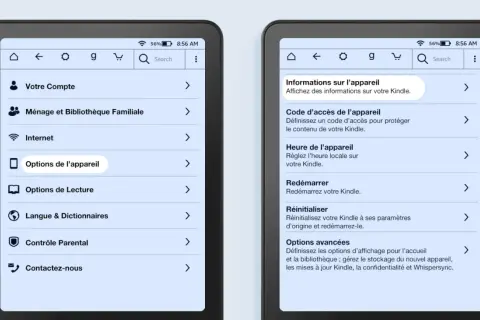 Paramètres d'une liseuse Kindle : options de l'appareil, code d'accès, heure, redémarrage, réinitialisation et options avancées.