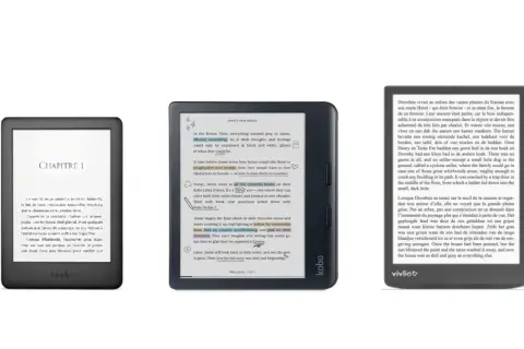 Trois liseuses affichant des livres numériques, dont une Kindle et une Kobo. Ces appareils sont parfaits pour lire des livres dans tous les formats.