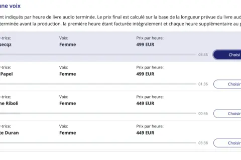 Sélectionnez une voix pour votre livre audio. Julie, Melissa, Catherine et Charlotte proposent des voix féminines à partir de 449 EUR. Profitez d'un livre audio gratuit !