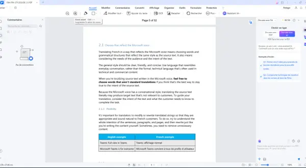 Un ebook ouvert dans un logiciel PDF, affichant des conseils de traduction pour le "Microsoft voice".