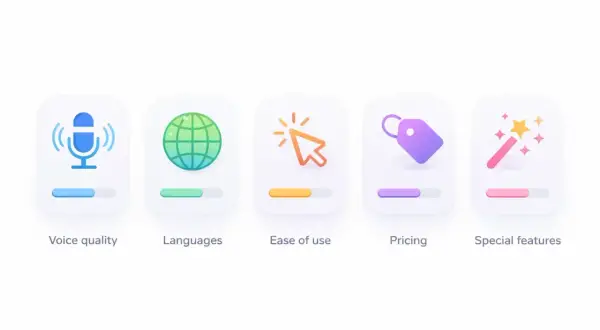 Icônes représentant les caractéristiques d'une application qui lit les livres : qualité vocale, langues, facilité d'utilisation, prix et fonctionnalités spéciales.