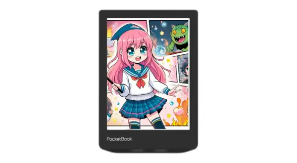 Liseuse PocketBook affichant une illustration manga d'une jeune fille aux cheveux roses et d'un monstre vert.