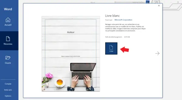 Interface Word pour créer un ebook. Un modèle de "Livre blanc" est sélectionné, prêt à être personnalisé.