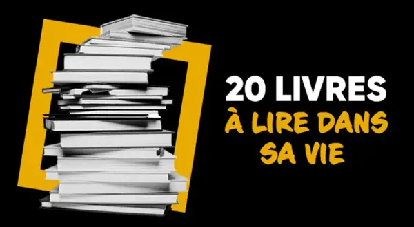 Une pile de livres blancs sur fond noir, encadrée par un 7 jaune. Le texte indique "20 livres à lire dans sa vie", une liste des meilleurs livres à lire absolument.