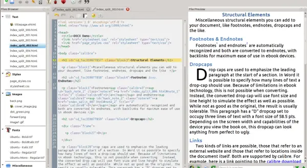 Interface de Calibre pour éditer un EPUB, montrant le code HTML et un aperçu du texte avec des éléments structurels comme les notes de bas de page et les dropcaps.