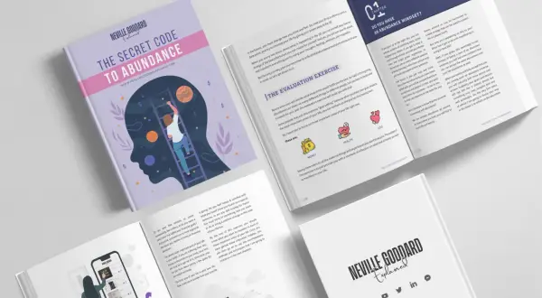 Un livre InDesign sur le code secret de l'abondance de Neville Goddard. Une femme grimpe une échelle vers la tête d'une silhouette.