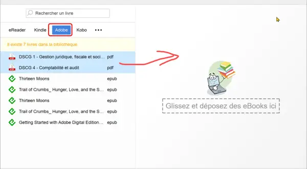 Interface d'Epubor Ultimate, onglet Adobe sélectionné, montrant des livres et une invitation à glisser-déposer, suggérant la gestion des livres avec Adobe DRM.