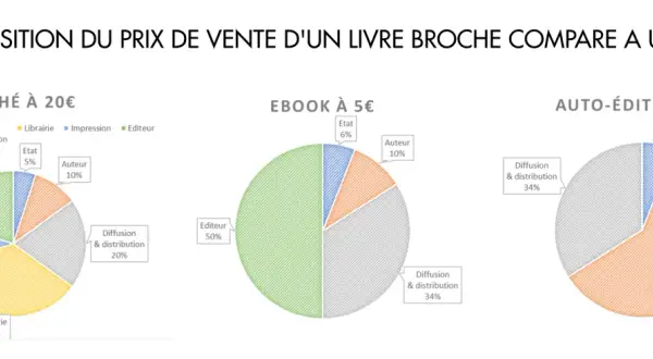 Comparaison des coûts d'un livre broché à 20€ et d'un ebook à 5€. Le prix ebook est bien plus bas, notamment grâce à l'absence de frais d'impression et de librairie.
