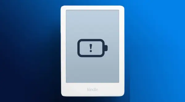 Écran de Kindle affichant une icône de batterie vide avec un point d'exclamation. Ma Kindle ne charge plus, c'est frustrant !