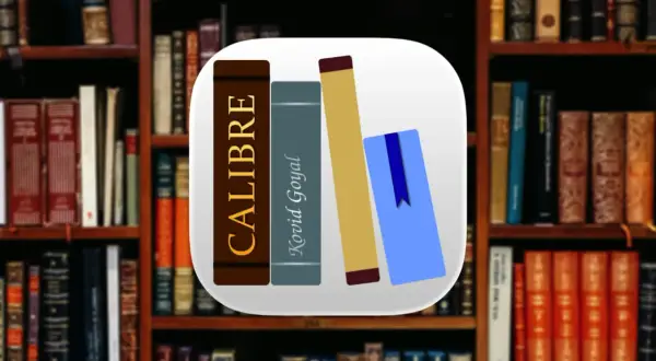Icône Calibre Kobo : quatre livres stylisés, dont un avec "Kovid Goyal" écrit dessus, sur fond de bibliothèque.