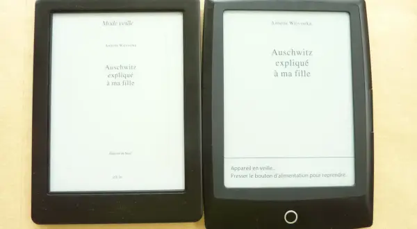 Deux liseuses, dont un Cybook Odyssey, affichent "Auschwitz expliqué à ma fille" d'Annette Wieviorka.