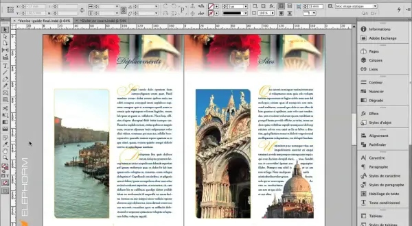 Une page de mise en page InDesign présente des images de Venise et des textes, avec des masques de carnaval.