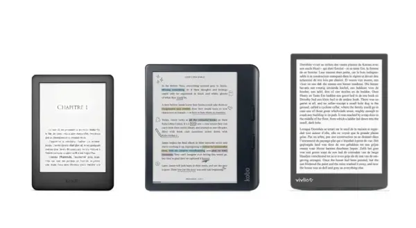 Trois liseuses affichant des livres numériques. L'une est une Kindle, une autre une Kobo, et la troisième une Vivlio.