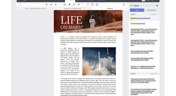 Lecture d'un epub sur iPhone, avec des articles sur la vie sur Mars et les fusées SpaceX.
