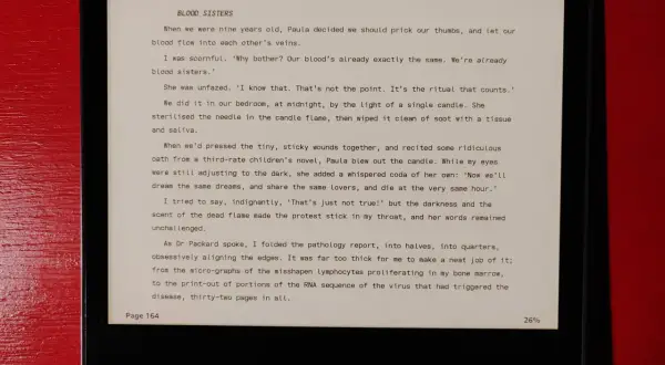 Extrait d'un livre lu sur une liseuse, le texte "Blood Sisters" est affiché en police Atkinson Hyperlegible.