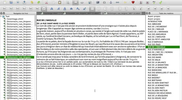 Un livre numérique, un sigil epub, affiche la liste des rues d'Avignon. La rue de l'Anguille est sélectionnée.