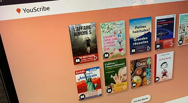 Écran YouScribe affichant des couvertures d'ebooks variés, dont "L'Affaire Aurore S." et "Anglais Américain". Un avis sur la plateforme est visible.