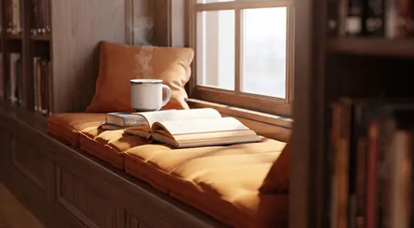 Un coin lecture douillet avec un livre intrigue ouvert, une tasse fumante et des étagères remplies de livres.
