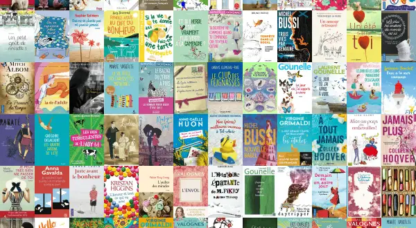 Une mosaïque de couvertures de livres, offrant une évasion feel good. Des histoires pleines d'espoir, d'amour et de découvertes, parfaites pour un moment de détente.