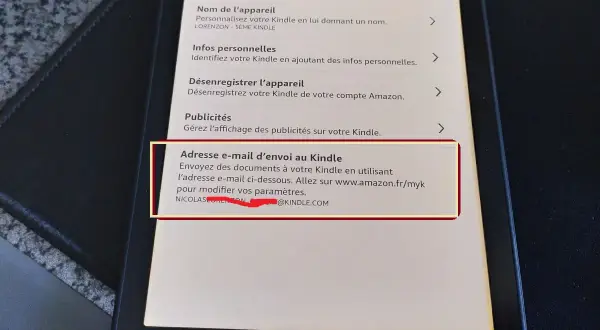 Adresse e-mail pour ajouter livre Kindle. Permet d'envoyer des documents à votre appareil.